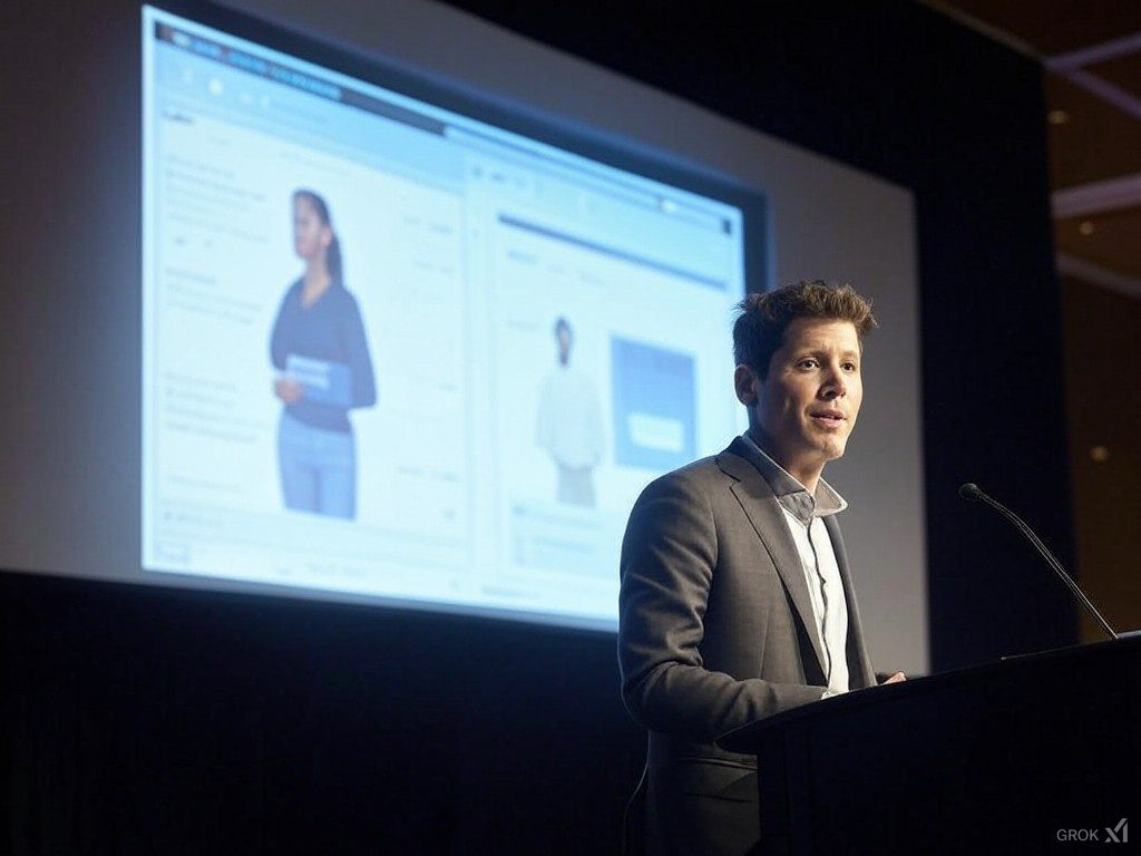 Presentación de Operator de OpenAI, donde un ponente explica las capacidades del agente de inteligencia artificial para automatizar tareas web frente a una pantalla con ejemplos visuales.