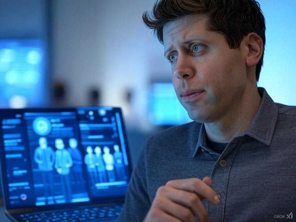 Sam Altman en una oficina tecnológica, con una pantalla de ordenador mostrando gráficos y figuras relacionadas con inteligencia artificial, destacando avances en AGI y ASI.