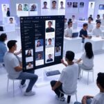 Grupo de personas observando una pantalla central en un espacio moderno. La pantalla muestra perfiles digitales, posiblemente de cuentas de IA, en un entorno de colaboración tecnológica que destaca la integración de la inteligencia artificial en redes sociales.