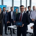 Un equipo profesional diverso en una oficina moderna, con un hombre al frente mostrando un dispositivo con gráficos de datos, representando la transformación laboral según la inteligencia artificial.