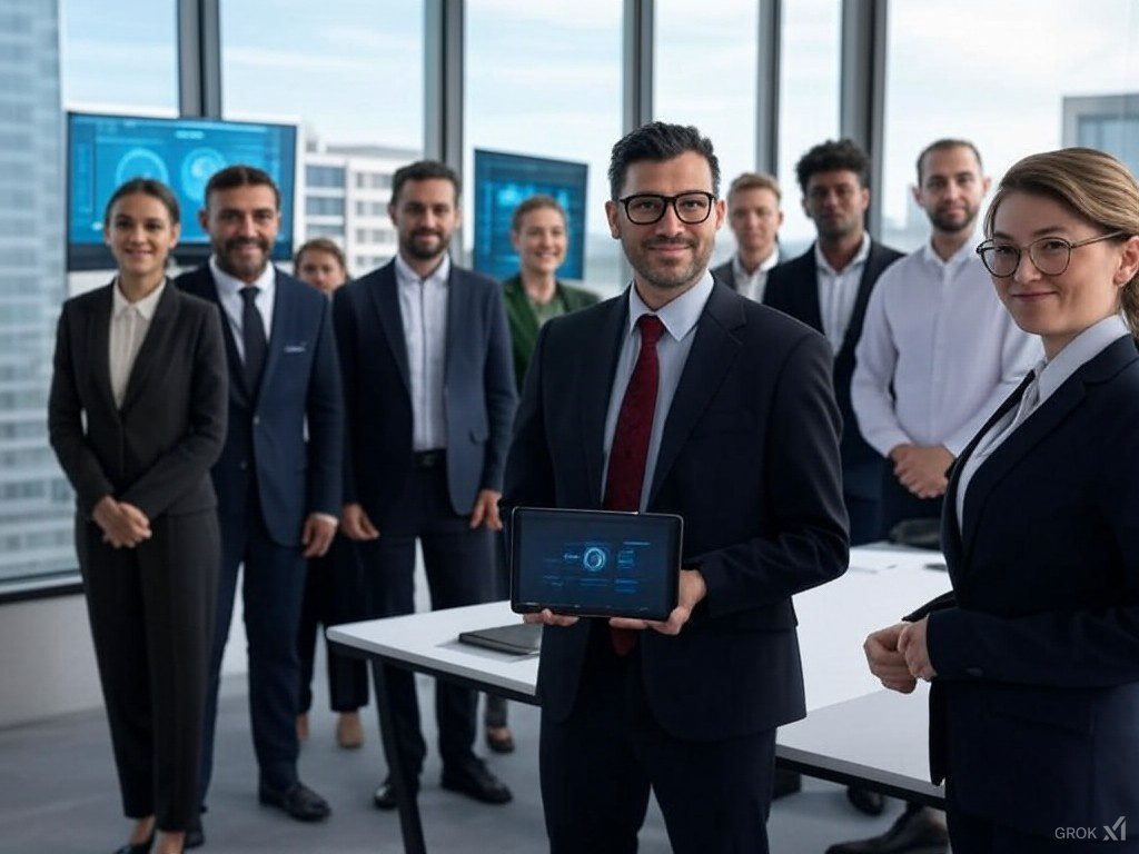 Un equipo profesional diverso en una oficina moderna, con un hombre al frente mostrando un dispositivo con gráficos de datos, representando la transformación laboral según la inteligencia artificial.