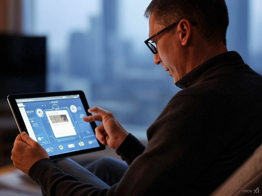 Hombre utilizando un asistente de inteligencia artificial en una tableta, con una interfaz moderna que muestra opciones multitarea y funciones avanzadas, destacando la tecnología de Perplexity Assistant.