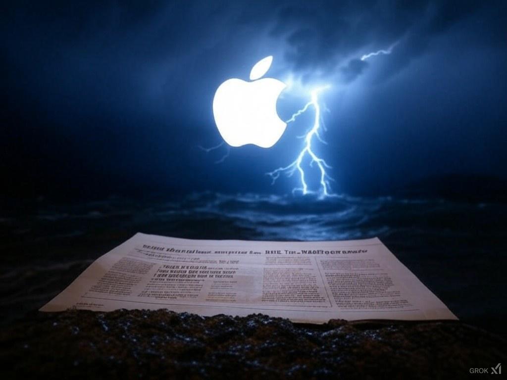 Logotipo de Apple iluminado por un rayo en un cielo oscuro, representando el impacto de Apple Intelligence en la industria mediática.
