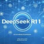 Logotipo de DeepSeek R1 en un diseño azul futurista, resaltando sus 671 mil millones de parámetros, junto con íconos que representan aplicaciones de inteligencia artificial y redes neuronales.