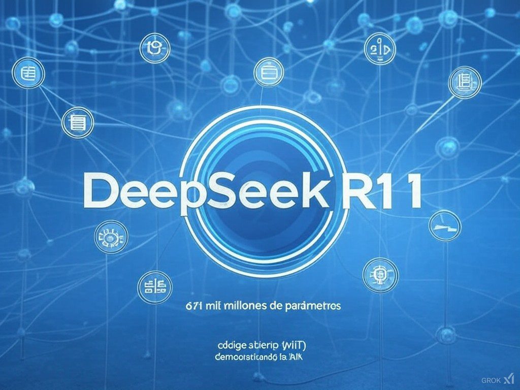 Logotipo de DeepSeek R1 en un diseño azul futurista, resaltando sus 671 mil millones de parámetros, junto con íconos que representan aplicaciones de inteligencia artificial y redes neuronales.