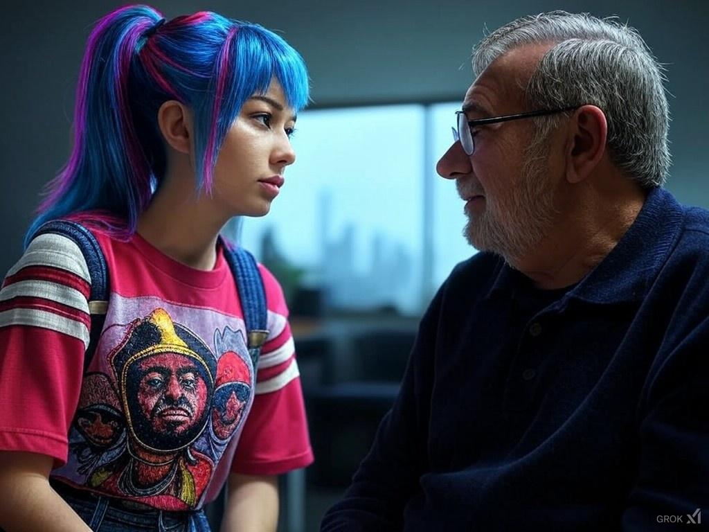 Una joven con cabello azul y rosa, usando una camiseta con diseño artístico, conversa con un hombre mayor de cabello canoso y gafas en un entorno moderno; representa el impacto de los perfiles de IA en redes sociales y su relación con la diversidad y autenticidad.