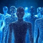 Representación digital de figuras humanas hechas de puntos de luz, simbolizando la autorreplicación y la complejidad de los sistemas de inteligencia artificial avanzados.