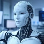 Primer plano de un robot humanoide en un entorno tecnológico, representando los avances de los agentes de IA generativa y su autonomía en la inteligencia artificial.