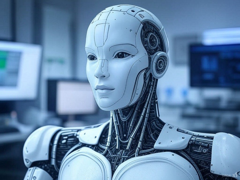 Primer plano de un robot humanoide en un entorno tecnológico, representando los avances de los agentes de IA generativa y su autonomía en la inteligencia artificial.