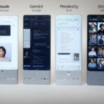 Comparativa visual de las interfaces de cuatro alternativas gratuitas a ChatGPT: Claude de Anthropic, Gemini de Google, Perplexity AI y Grok de xAI. Cada pantalla muestra características clave como generación de texto, búsqueda conversacional y creación de imágenes en dispositivos móviles.