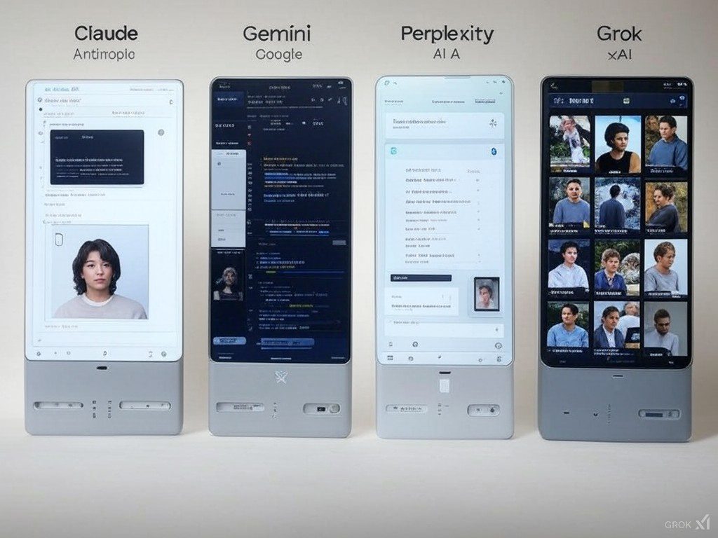 Comparativa visual de las interfaces de cuatro alternativas gratuitas a ChatGPT: Claude de Anthropic, Gemini de Google, Perplexity AI y Grok de xAI. Cada pantalla muestra características clave como generación de texto, búsqueda conversacional y creación de imágenes en dispositivos móviles.