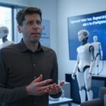Sam Altman, director de OpenAI, explicando el desarrollo de los superagentes de IA, rodeado de robots humanoides en una sala de conferencias de alta tecnología.