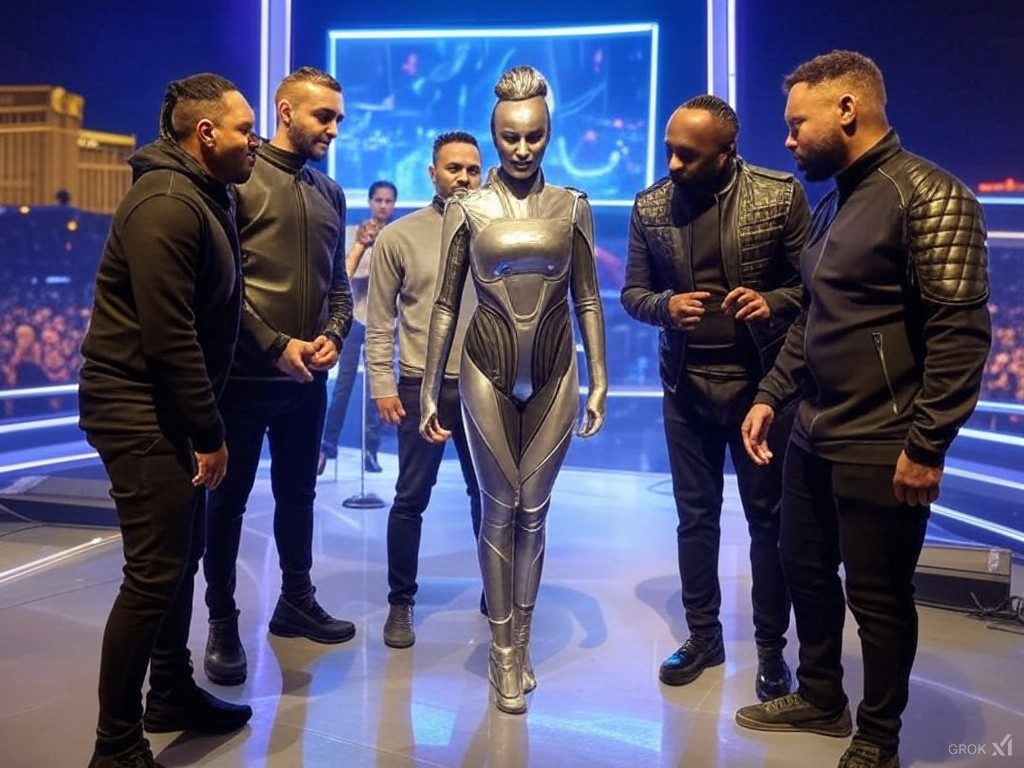 Vida, la nueva integrante de inteligencia artificial de los Black Eyed Peas, interactuando con los miembros de la banda durante un ensayo en Las Vegas.