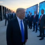 Donald Trump junto a un grupo de líderes empresariales y pantallas tecnológicas, durante el anuncio del proyecto Stargate para revolucionar la inteligencia artificial.