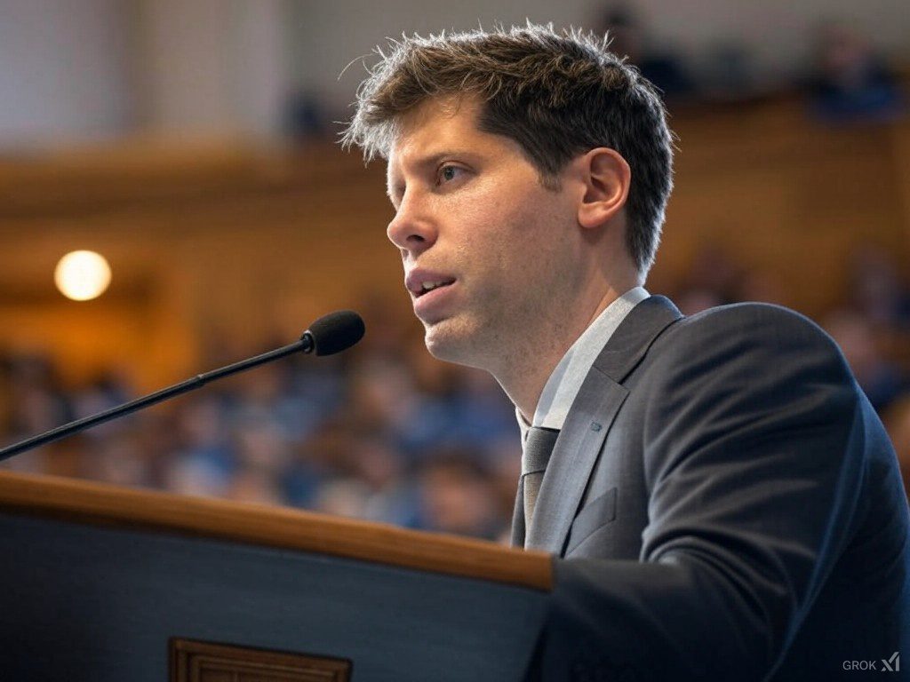 Sam Altman, CEO de OpenAI, hablando en un podio durante un evento sobre inteligencia artificial. La imagen representa el contexto del debate OpenAI contra DeepSeek y la competencia en el sector de la IA.
