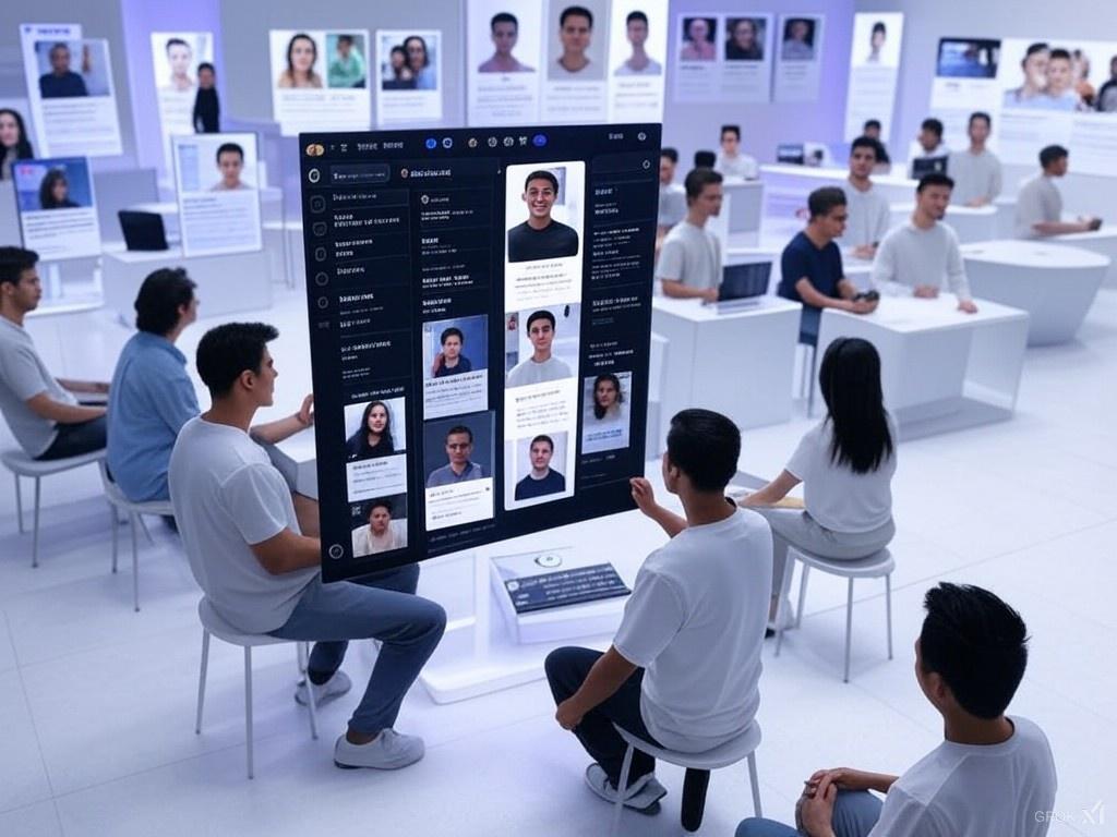 Grupo de personas observando una pantalla central en un espacio moderno. La pantalla muestra perfiles digitales, posiblemente de cuentas de IA, en un entorno de colaboración tecnológica que destaca la integración de la inteligencia artificial en redes sociales.