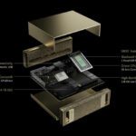 Representación del Proyecto Dits de Nvidia, mostrando su diseño modular con componentes destacados: GPU Blackwell, CPU Grace, memoria unificada de alto ancho de banda, almacenamiento SSD de 4 TB y opciones de conectividad avanzada, optimizado para inteligencia artificial.