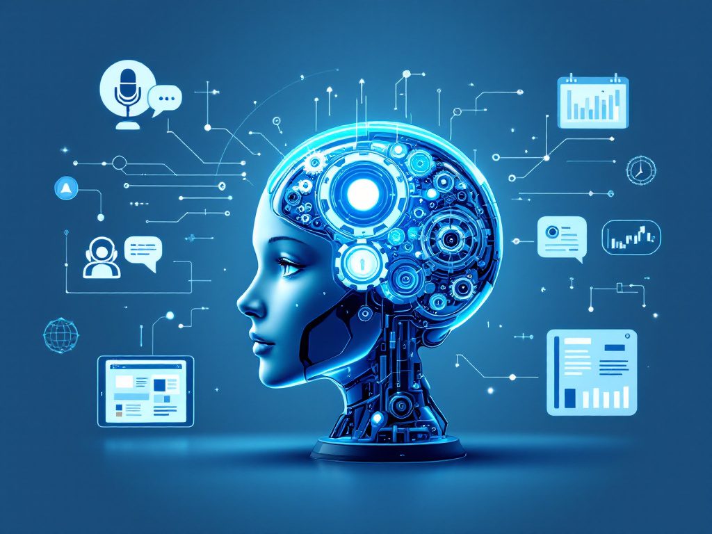 Ilustración futurista de una inteligencia artificial representada como un rostro humano con circuitos y engranajes, rodeado de iconos digitales de datos y comunicación.