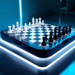 Tablero de ajedrez futurista con iluminación LED y piezas en posición inicial, representando el impacto de la inteligencia artificial en el juego.