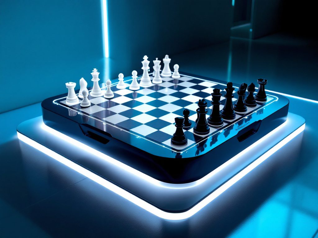 Tablero de ajedrez futurista con iluminación LED y piezas en posición inicial, representando el impacto de la inteligencia artificial en el juego.