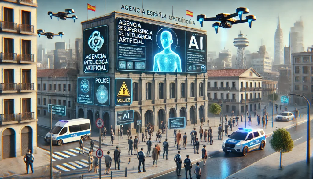 Representación futurista de la Agencia Española de Supervisión de la Inteligencia Artificial (AESIA), con drones de vigilancia, policías y pantallas digitales informando sobre regulaciones de IA.