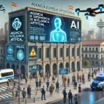 Representación futurista de la Agencia Española de Supervisión de la Inteligencia Artificial (AESIA), con drones de vigilancia, policías y pantallas digitales informando sobre regulaciones de IA.
