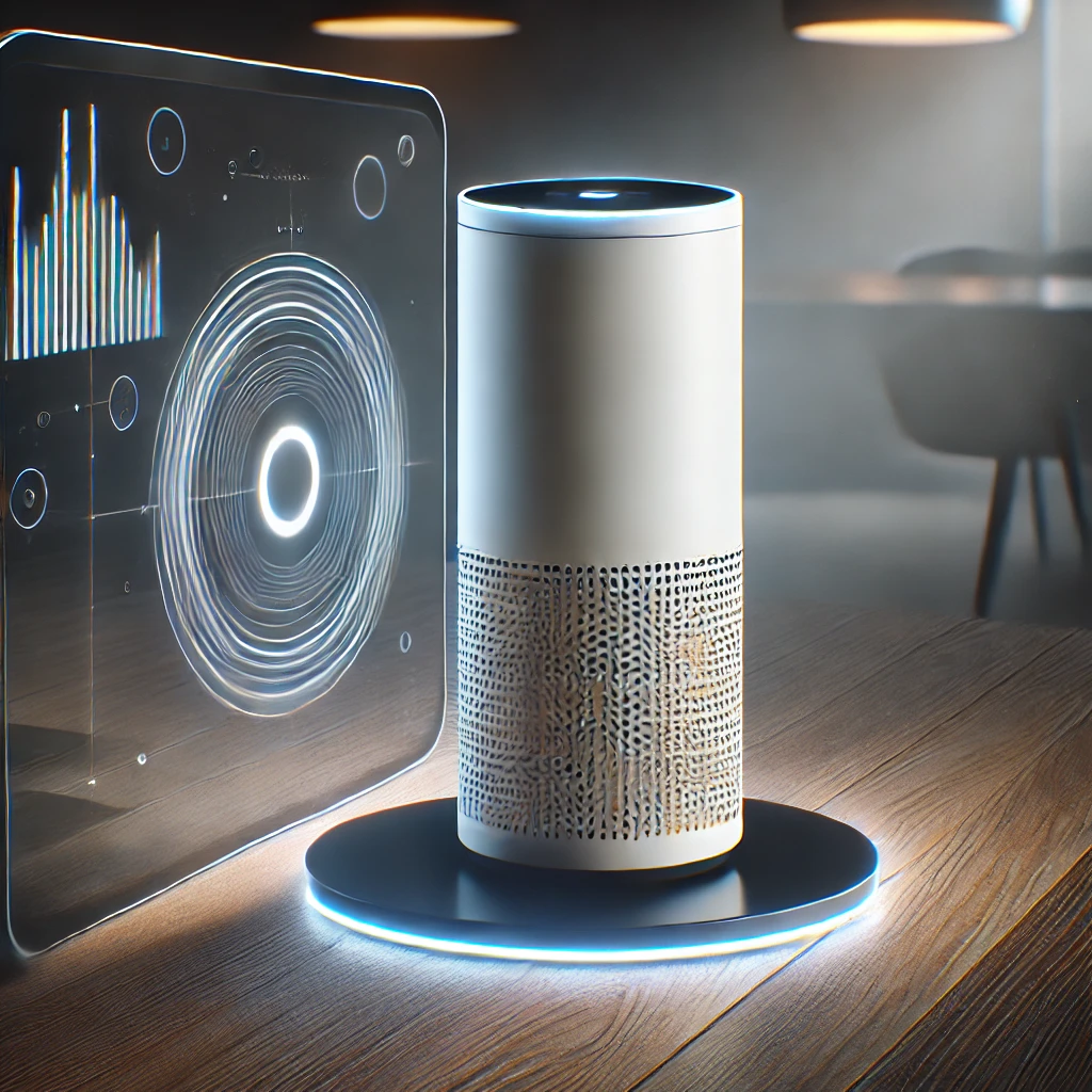 Dispositivo de inteligencia artificial de OpenAI con diseño futurista, pantalla holográfica y base iluminada, representando el futuro de la tecnología sin smartphones.