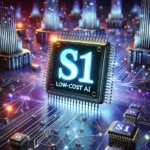 Primer plano de un chip de inteligencia artificial con la inscripción "S1 LOW-COST AI", representando el modelo S1 entrenado con solo 50 dólares.