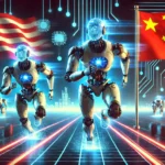Ilustración futurista de la carrera por la inteligencia artificial entre Estados Unidos y China, representada por robots avanzados compitiendo con las banderas de ambas naciones de fondo.