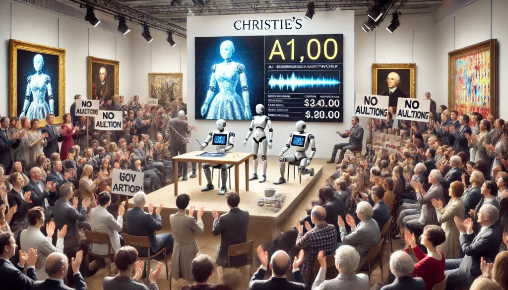 Subasta en Christie’s con robots y arte generado por IA, rodeada de un público dividido entre aplausos y protestas con pancartas.