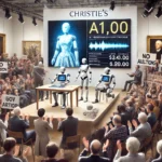 Subasta en Christie’s con robots y arte generado por IA, rodeada de un público dividido entre aplausos y protestas con pancartas.