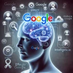 Representación visual del Efecto Google, mostrando un cerebro humano interconectado con íconos digitales que simbolizan la influencia del internet y la inteligencia artificial en la memoria.