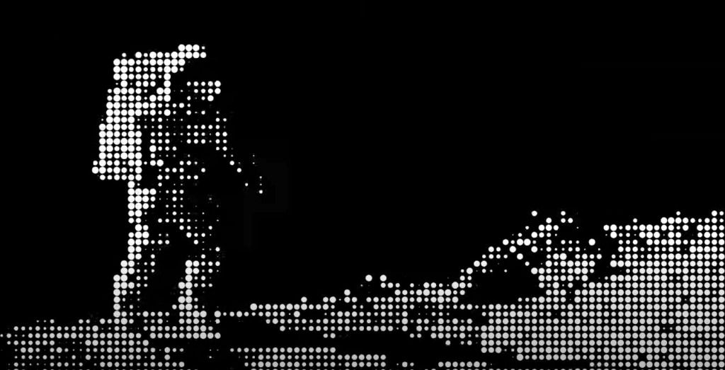 Ilustración puntillista de un explorador avanzando, simbolizando el progreso tecnológico y la evolución de la humanidad, en referencia al anuncio de OpenAI Super Bowl 2025.
