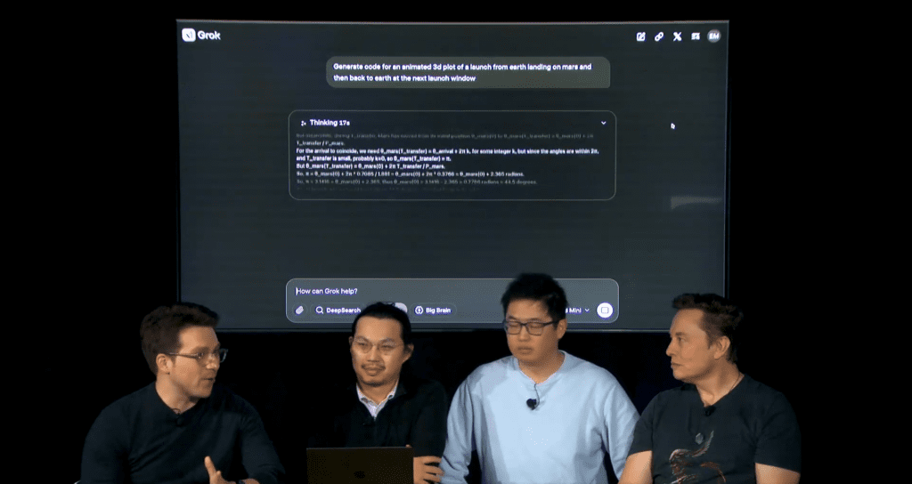 Cuatro personas en una presentación de Grok 3, con una pantalla gigante mostrando la interfaz de la IA de xAI. Captura de pantalla de Grok 3 generando código para una simulación espacial, destacando sus capacidades avanzadas.