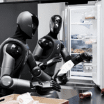 Dos robots humanoides de Figure AI colaboran en una cocina, manipulando alimentos frente a un refrigerador abierto, demostrando interacción autónoma avanzada.