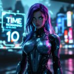 Mujer cyborg con cabello morado y armadura futurista en un entorno ciberpunk iluminado por neones, con una cuenta regresiva digital en el fondo.