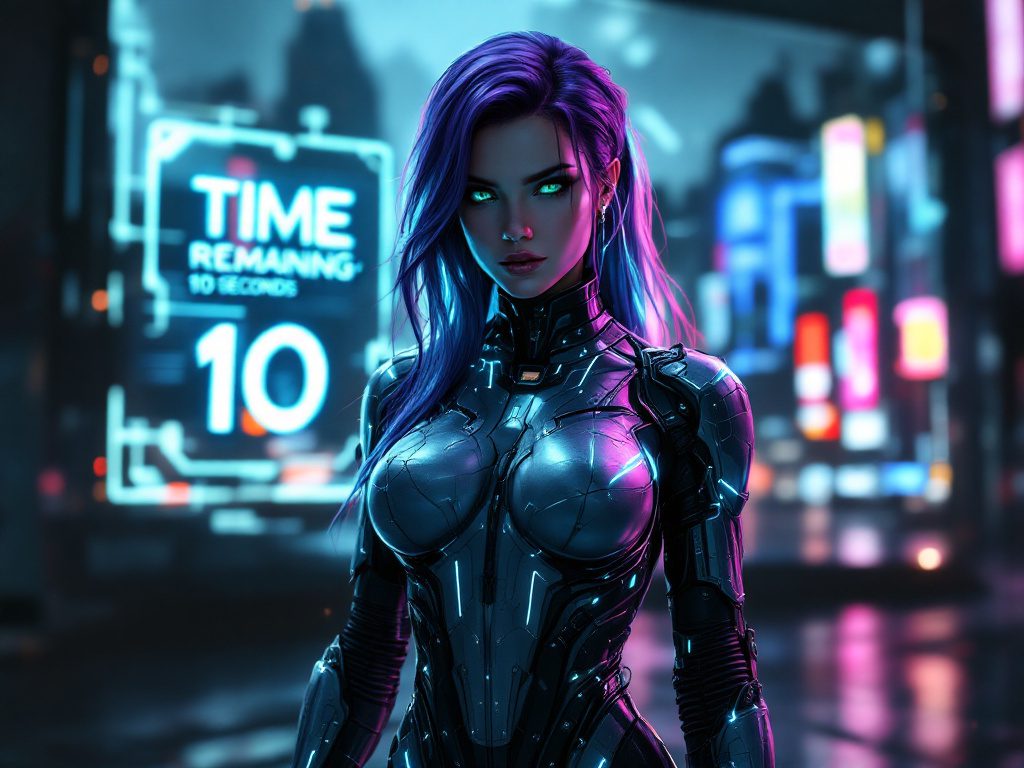Mujer cyborg con cabello morado y armadura futurista en un entorno ciberpunk iluminado por neones, con una cuenta regresiva digital en el fondo.