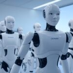 Robots humanoides con inteligencia artificial desarrollados por Meta, alineados en un entorno tecnológico futurista.