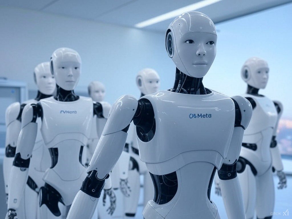 Robots humanoides con inteligencia artificial desarrollados por Meta, alineados en un entorno tecnológico futurista.