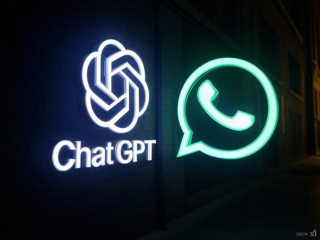 Logos iluminados de ChatGPT y WhatsApp en una pared oscura, representando la integración de la inteligencia artificial en la mensajería.