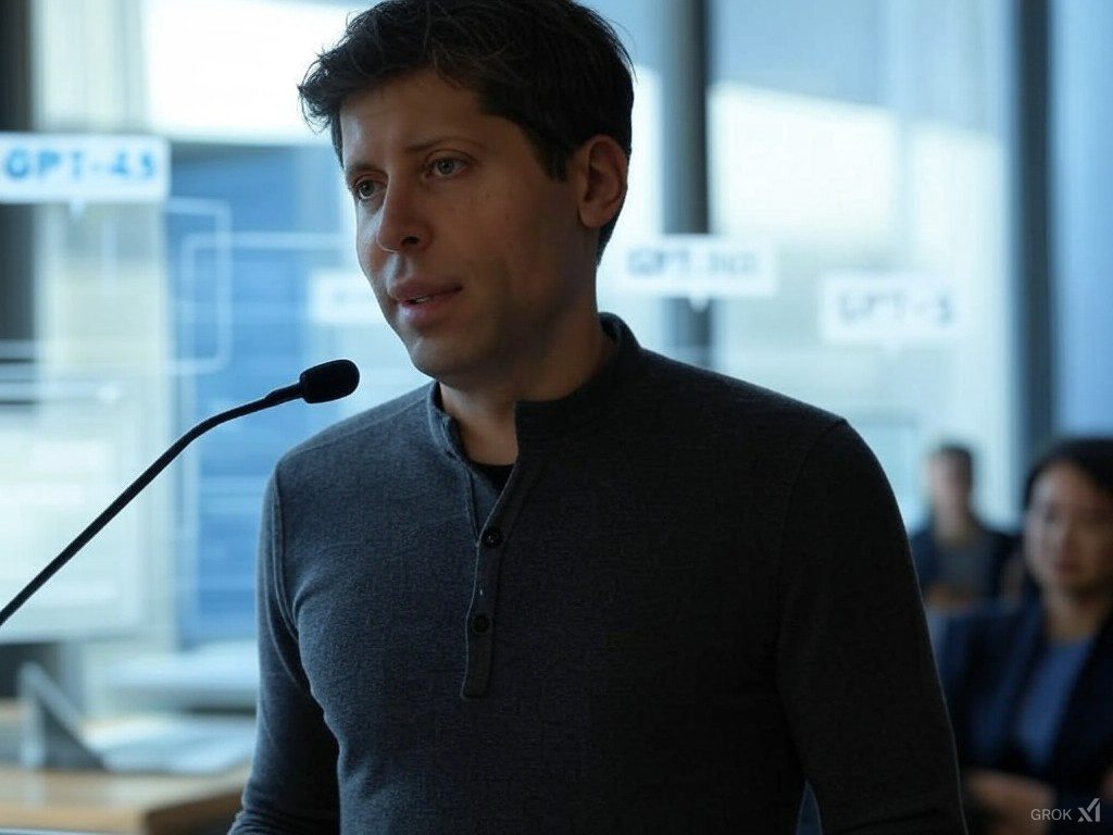 Sam Altman, CEO de OpenAI, hablando en una conferencia sobre el lanzamiento de GPT-4.5 y GPT-5, con gráficos digitales de fondo.