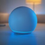 Dispositivo inteligente con luz azul representando la nueva Alexa con IA generativa de Amazon en un ambiente moderno y acogedor.