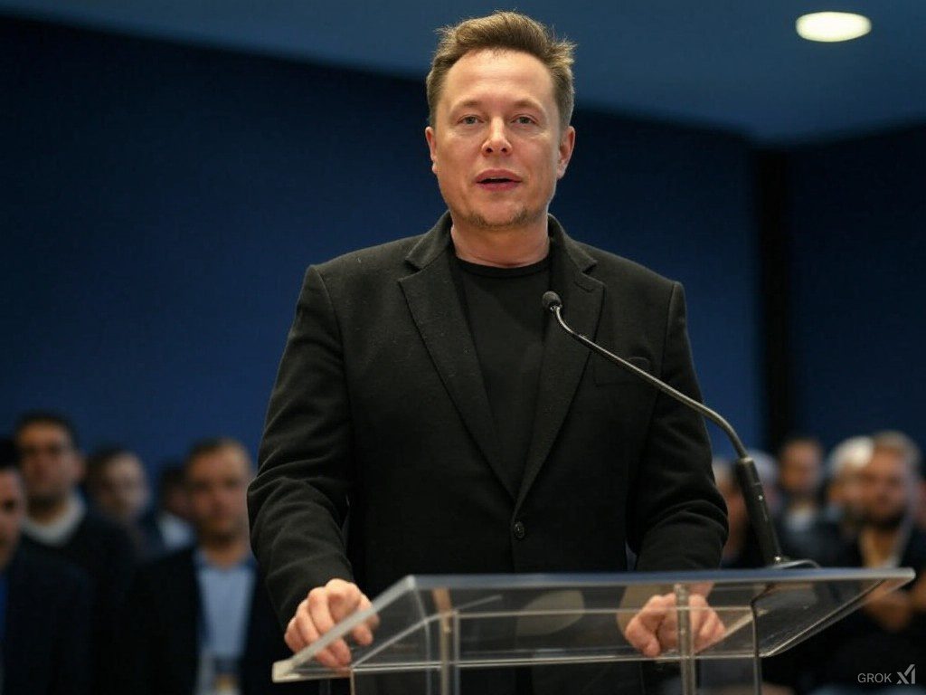 Elon Musk en un evento oficial, vestido de negro, hablando frente a un micrófono y un público atento, durante la presentación de Grok 3.