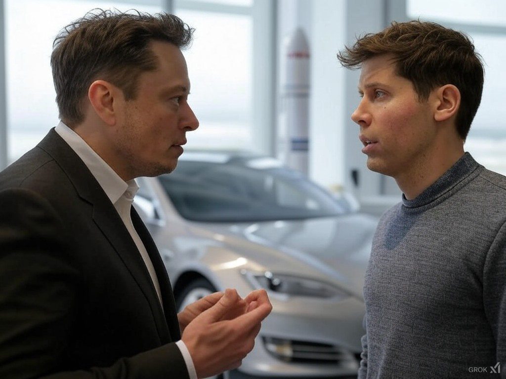 Elon Musk y Sam Altman en una conversación intensa en un entorno tecnológico, con un Tesla y un cohete en el fondo.