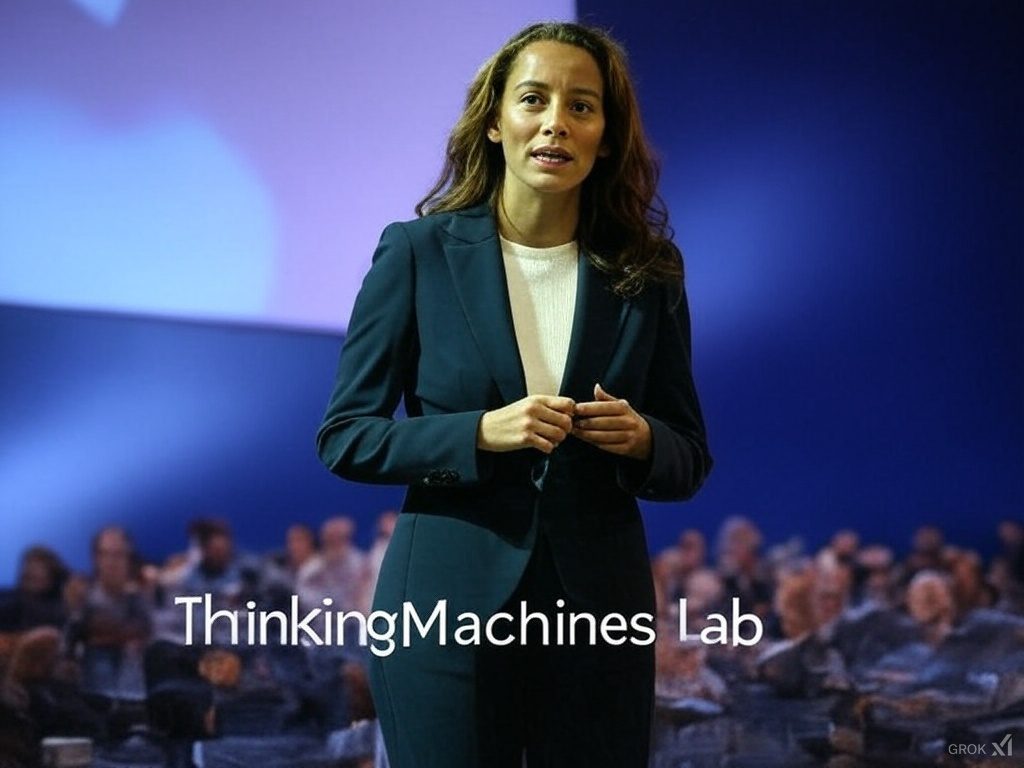 Mira Murati presentando Thinking Machines Lab en un evento, destacando su visión sobre la colaboración entre humanos e inteligencia artificial.
