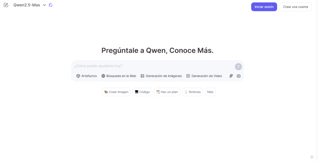 Interfaz de Qwen2.5-Max con opciones de generación de contenido mediante IA.