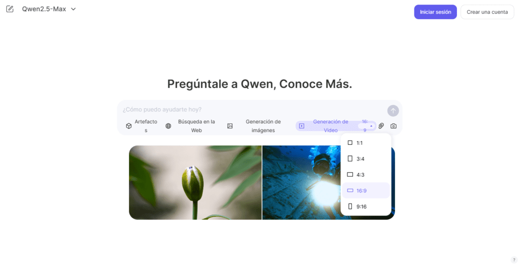  Menú desplegable de Qwen2.5-Max mostrando diferentes relaciones de aspecto para la creación de videos.