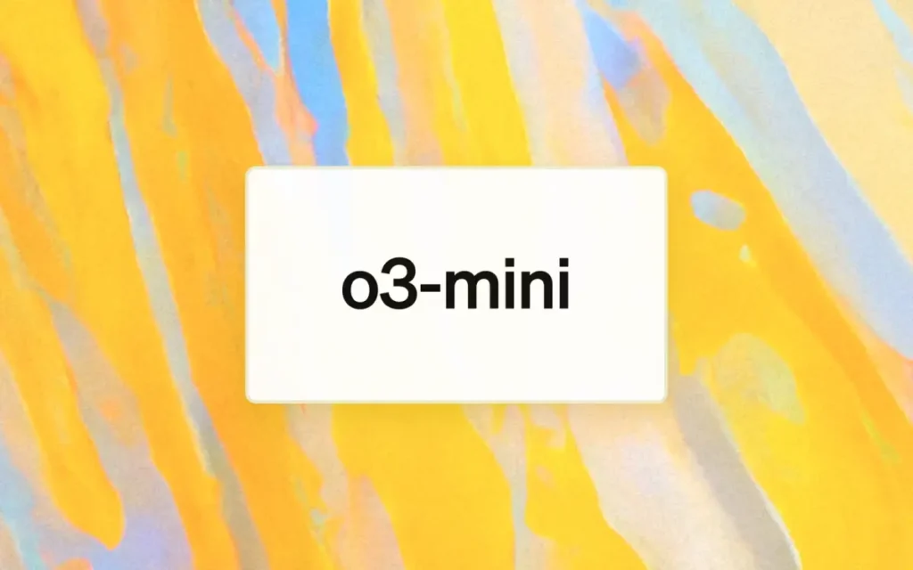 Logo de 'o3-mini' sobre un fondo abstracto amarillo y azul, representando el lanzamiento del nuevo modelo de inteligencia artificial de OpenAI.