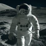 Astronauta caminando sobre la superficie lunar con el reflejo de un paisaje rocoso en el visor de su casco, simbolizando cómo la IA revela secretos de la Luna y contribuye al descubrimiento del mar de lava oculto en la cuenca Aitken.