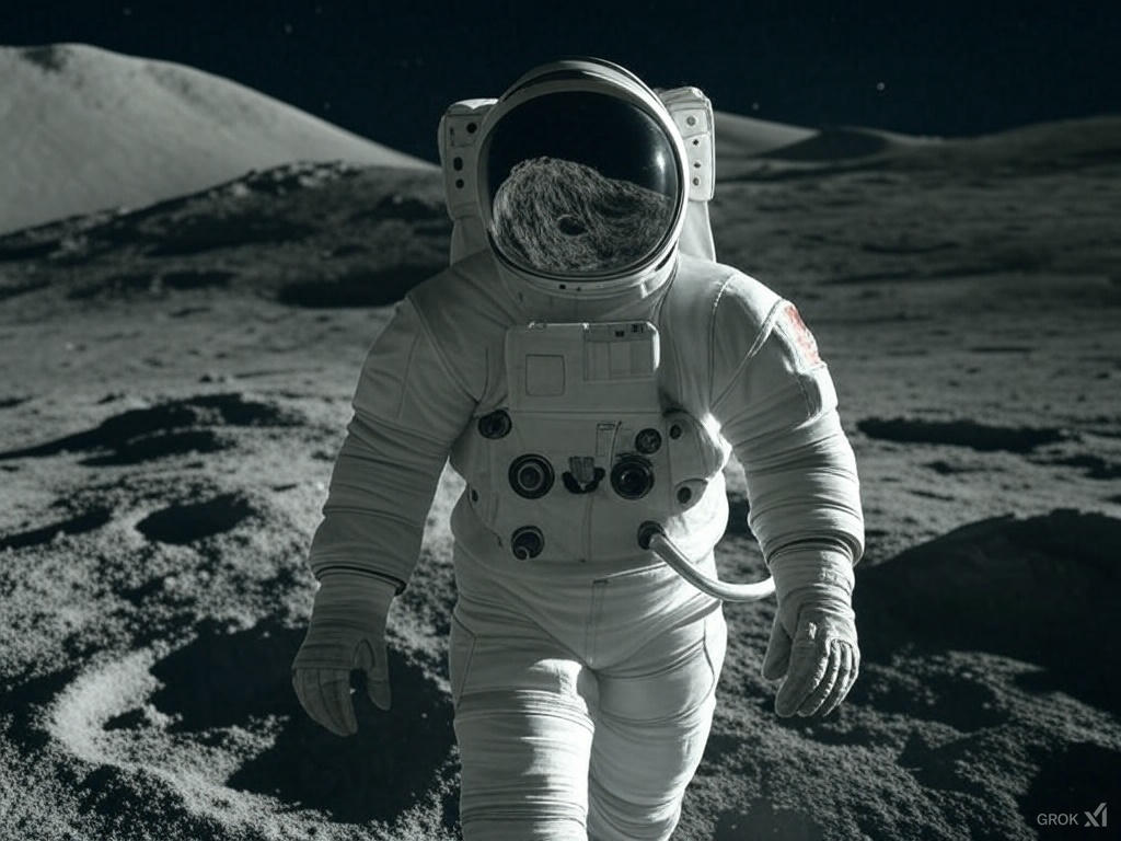 Astronauta caminando sobre la superficie lunar con el reflejo de un paisaje rocoso en el visor de su casco, simbolizando cómo la IA revela secretos de la Luna y contribuye al descubrimiento del mar de lava oculto en la cuenca Aitken.